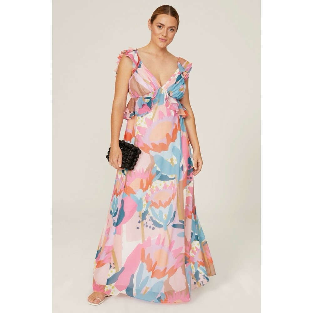 Multi Print Large Ruffle Maxi Dress